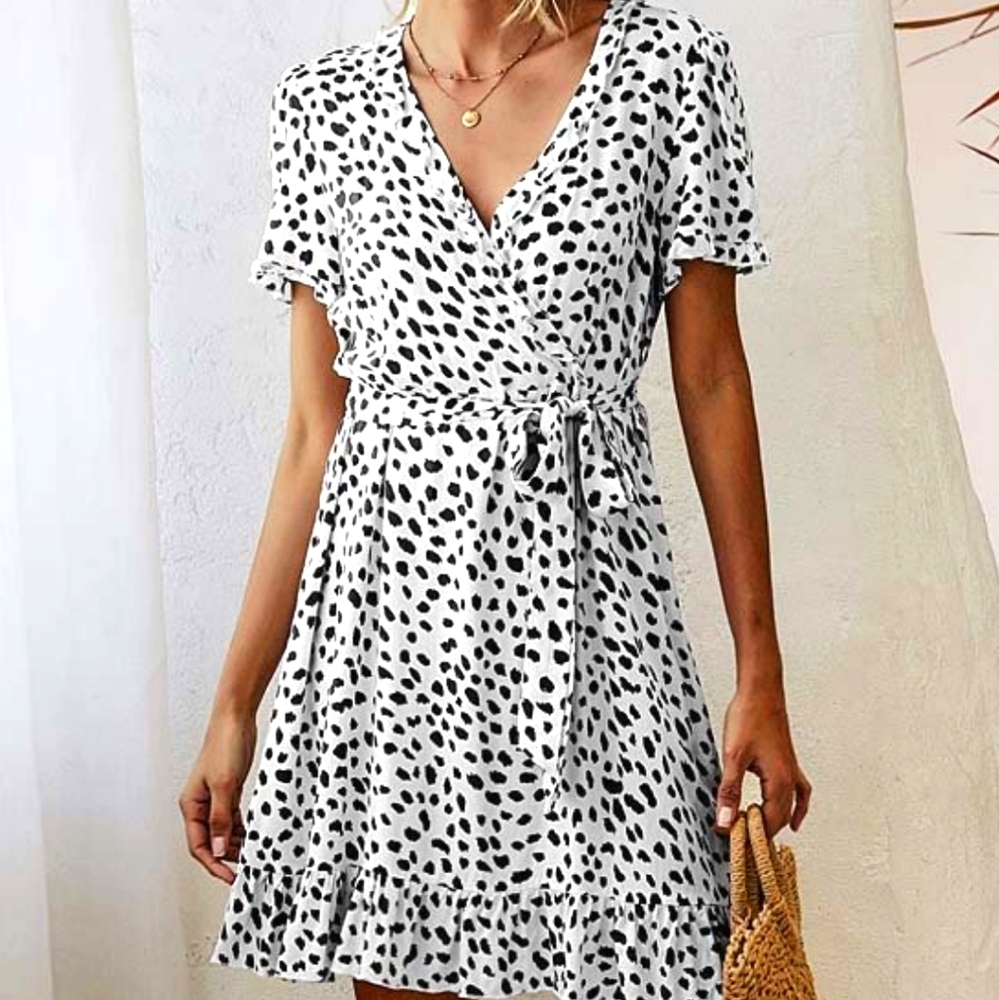 Black & White Spot Ruffle-Accent Wrap Dress